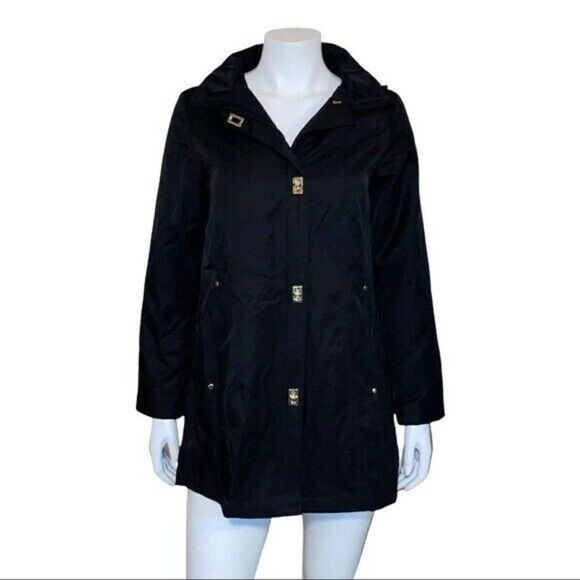 Jones New York Gold Turn Lock Button Hooded Black Raincoat Size Medium NWT - Picture 2 of 9